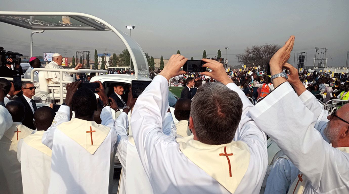 Pope Francis in South Sudan Priests in South Sudan greet Pope Francis