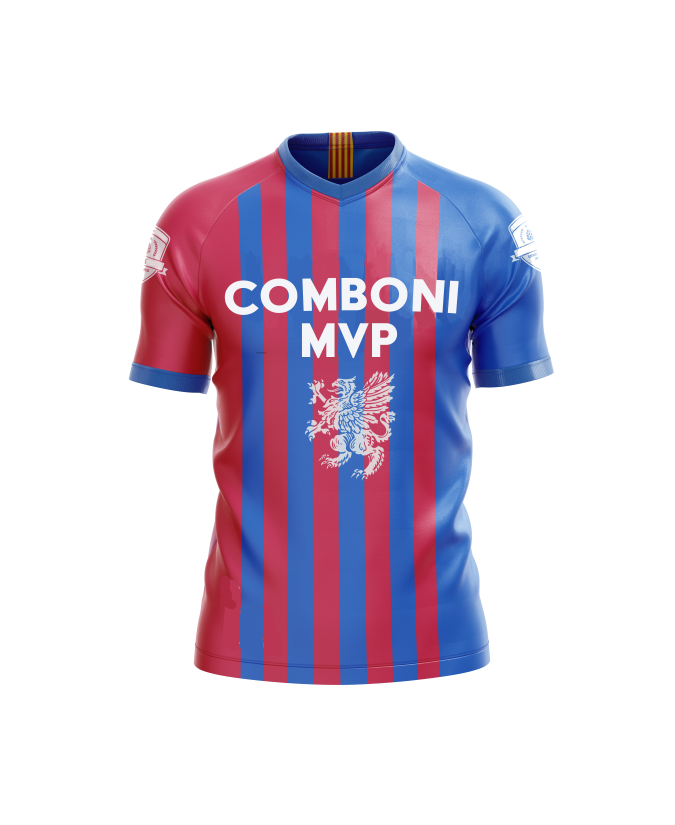 A red and blue striped soccer jersey with the words Comboni MVP