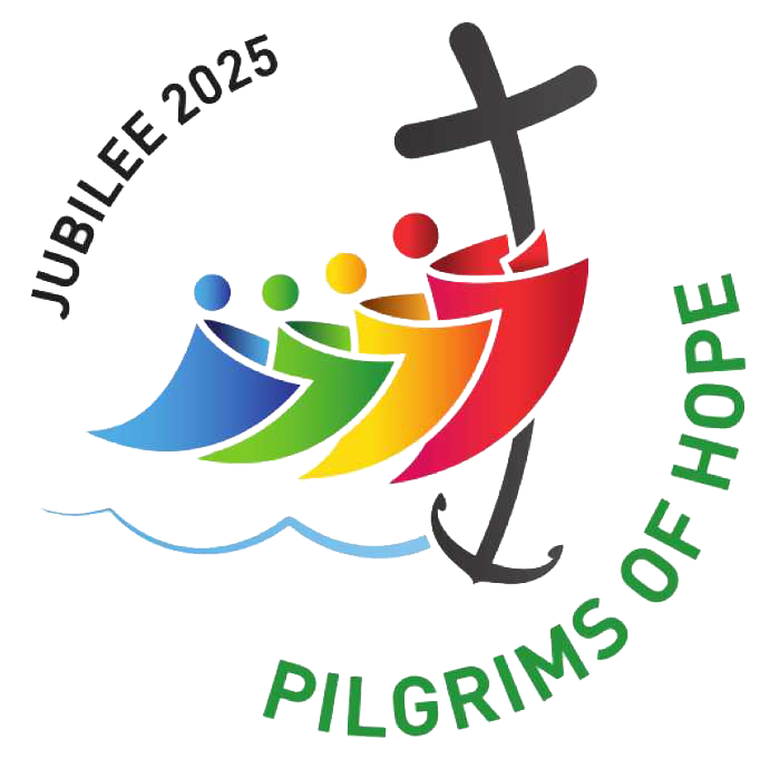 jubilee logo iso Jubilee 2025 Pilgrims of Hope Logo. Five figures illustrated as flags hugging each other connect to a cross/anchor